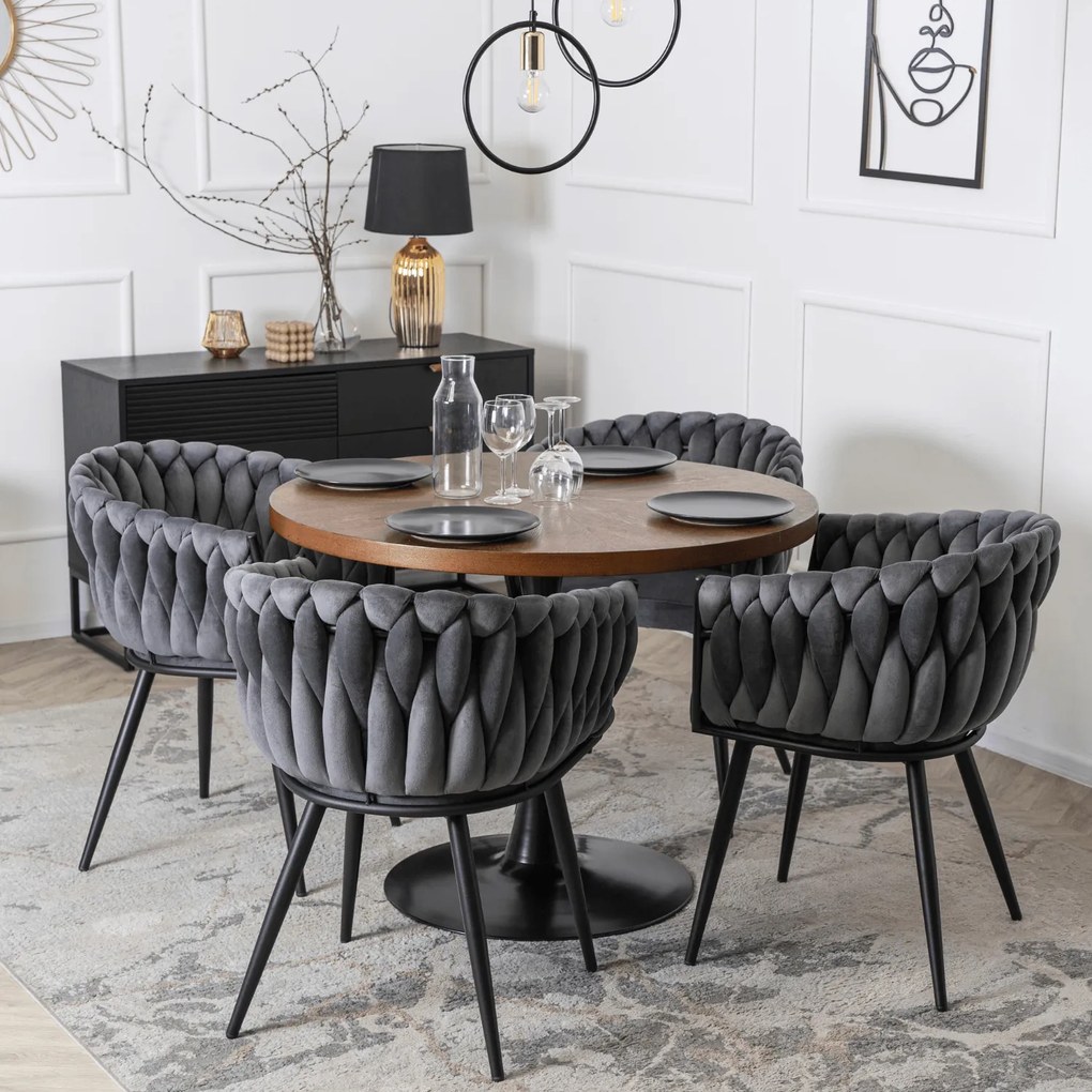 Krzesło Tapicerowane Plecione do Salonu ELENA Szare Welurowe Nowoczesne Loft