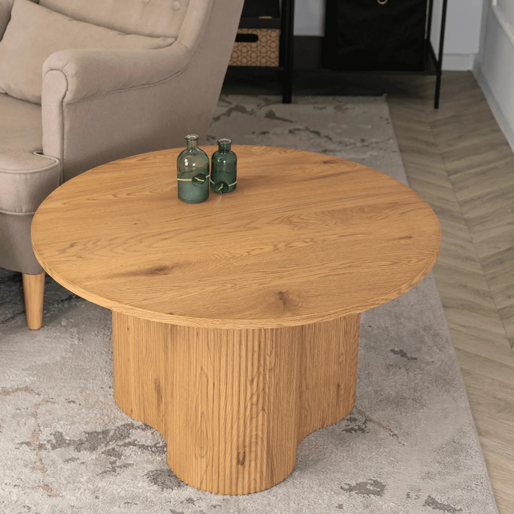 Stolik Kawowy ARION MAX 80 cm Okrągły Dąb z Ryflowaniem Nowoczesny Loft