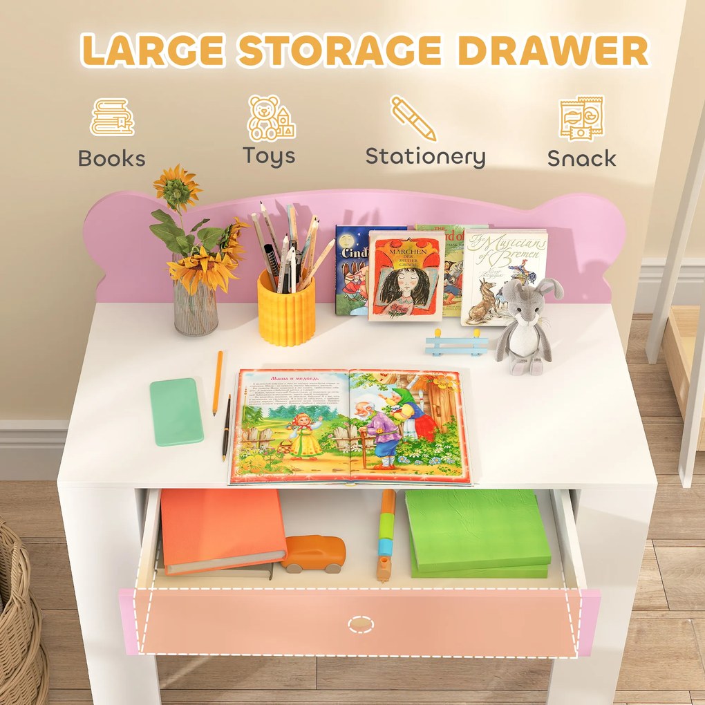 AIYAPLAY Zestaw biurka dla dzieci, stół roboczy i krzesło z misiem, szuflada, do pisania i tworzenia, 3-8 lat, Różowy