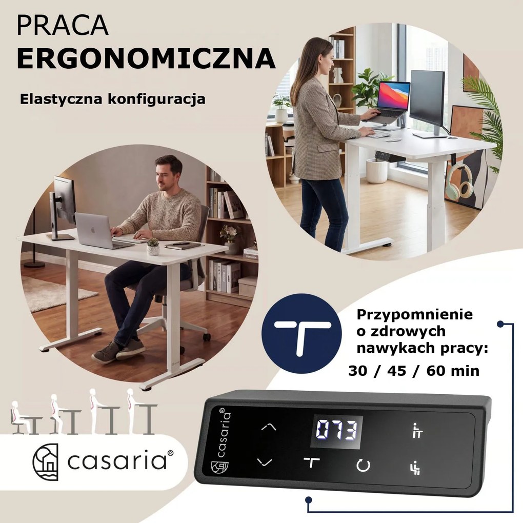 Regulowane biurko biurowe FLEXI, 140x60x72–117cm, białe Casaria