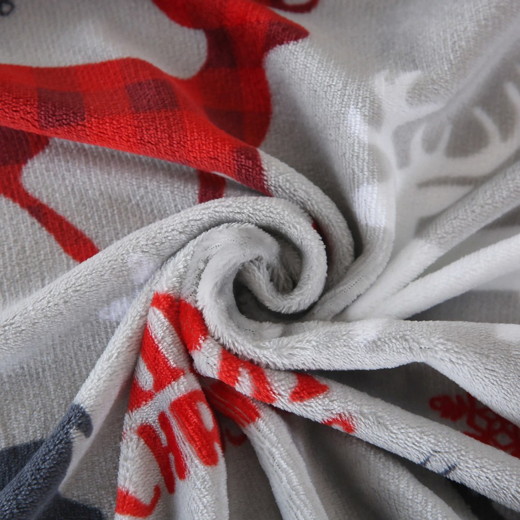 PrzytulneMieszkanie.pl PrzytulneMieszkanie.pl PrzytulneMieszkanie.pl Zestaw pościeli z mikropluszu MERRY CHRISTMAS DEER szare + prześcieradło z mikropluszu SOFT 180x200 cm białe, łóżko podwójne