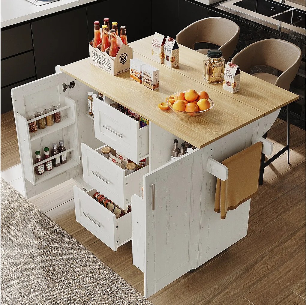 Mobilna wyspa kuchenna z 2 drzwiami, 3 szufladami i wieszakiem na ręczniki - rozkładany blat - 134,5 x 46/74 x 90,8 cm - MDF - biały