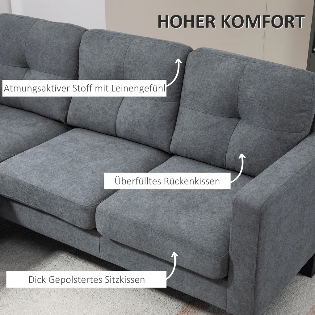 HOMCOM Sofa narożna L z obustronnym szezlongiem, Sofa polstrowana, Ciemnoszara