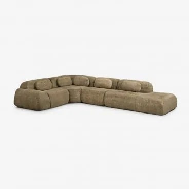Sofa Modułowy Narożny 4-częściowy Z Prawym Szezlongiem Z Tkaniny Chenilla, Pakowany Próżniowo Merida Szenila Gruba Szałwiowa Zieleń - Sklum