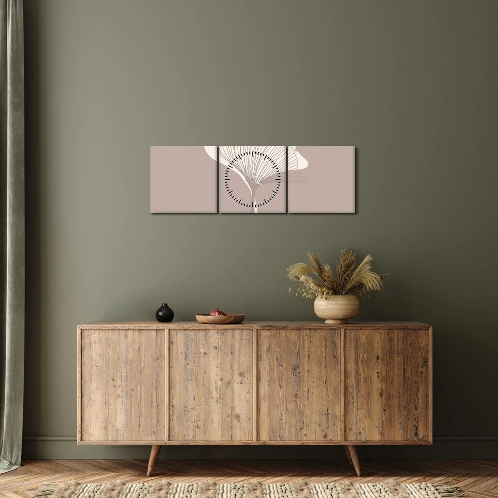 Obraz - Beżowe liście N⁰3 (z zegarem) (90x30 cm)