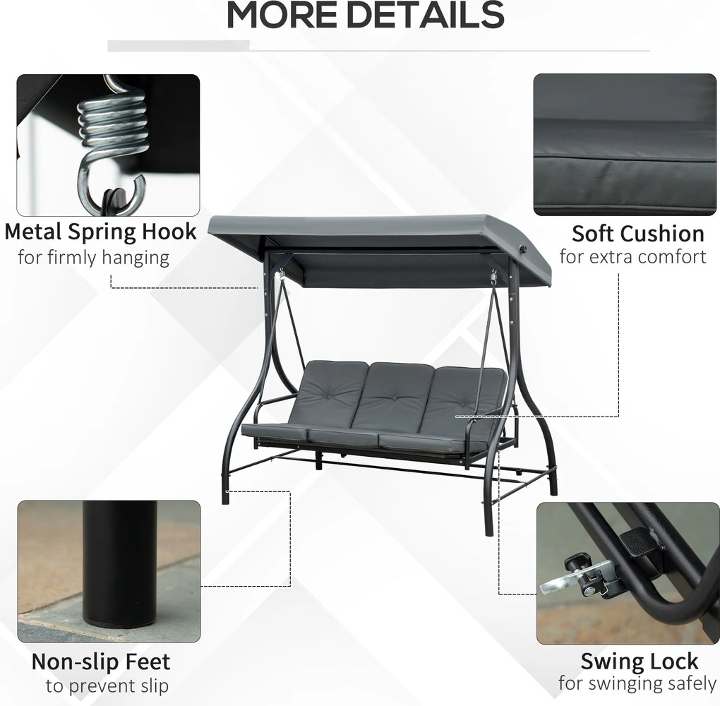 Outsunny Ławka Huśtawkowa, Huśtawka Hollywood z Ochroną Przeciwsłoneczną, Huśtawka Ogrodowa, Huśtawka na Werandę, 3 Miejsca, Łóżko Huśtawkowe