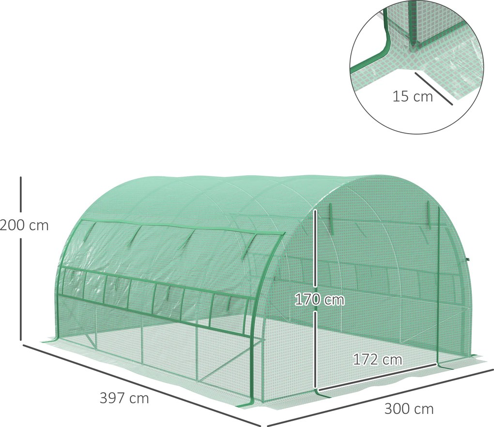 Outsunny Szklarnia foliowa, Szklarnia, przechodnia, Okno siatki, Rama metalowa, 4x3x2m, Zielony