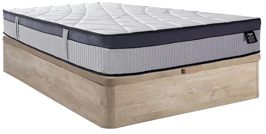 Zestaw 140 x 190 cm stelaż z jasną naturalna skrzynią + materac hybrydowy z 5-strefowymi sprężynami kieszeniowymi i pianką z pamięcią kształtu grub. 30 cm - PATNOS marki YSMÉE
