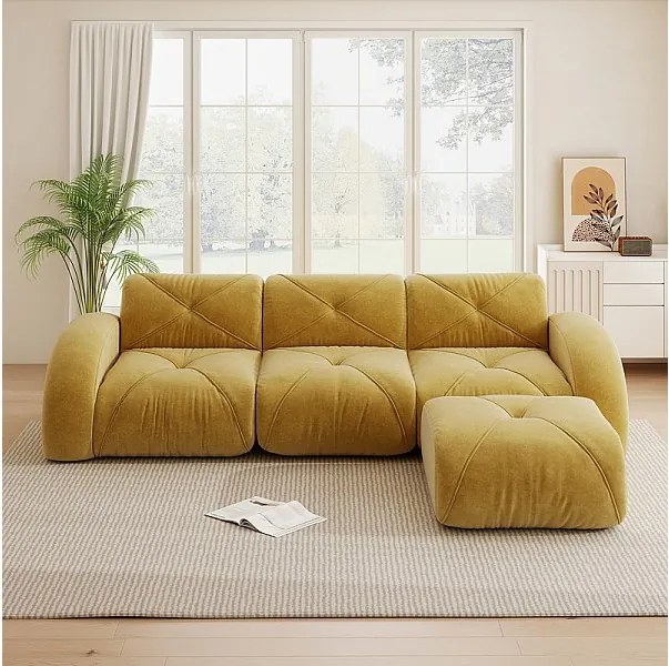 Canapé 3 places d'angle modulable en tissu chenille, avec pouf, 281x171x76cm, Jaune