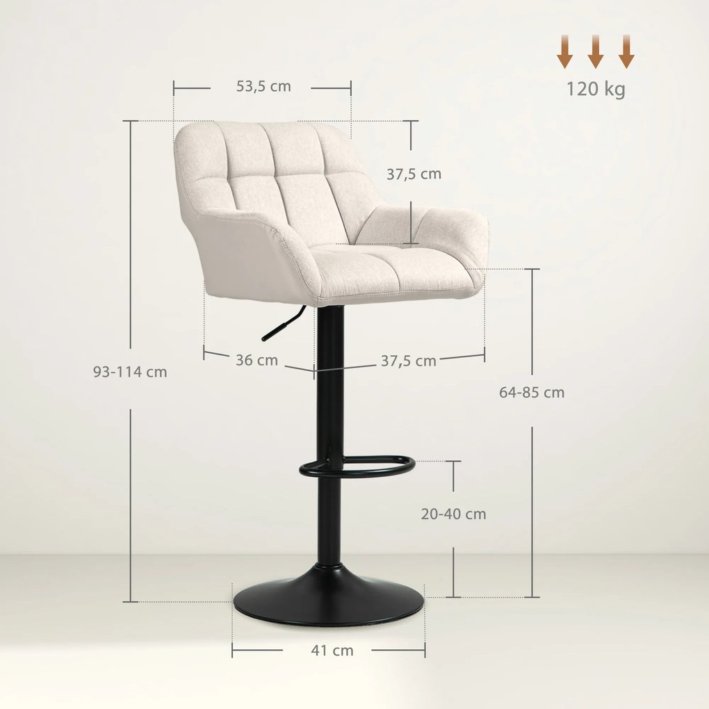 HOMCOM Barowe krzesła 2 w zestawie w stylu retro, regulowane wysokości, ekoskóra w wyglądzie lnu kremowy + czarny