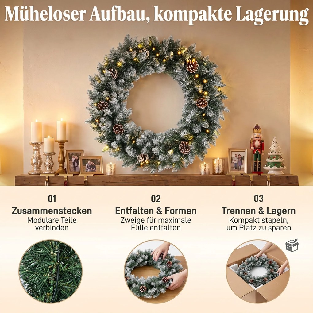 HOMCOM Wieniec świąteczny 60 cm oświetlony, wieniec drzwiowy z 50 LED, szyszki, sztuczny śnieg na Boże Narodzenie i adwent, drzwi wejściowe | Aosom PL