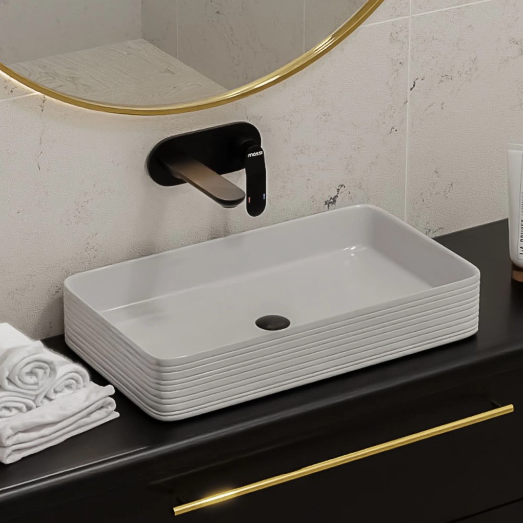 Umywalka ceramiczna nablatowa prostokątna ryflowana biała 67 x 38 cm LAMI