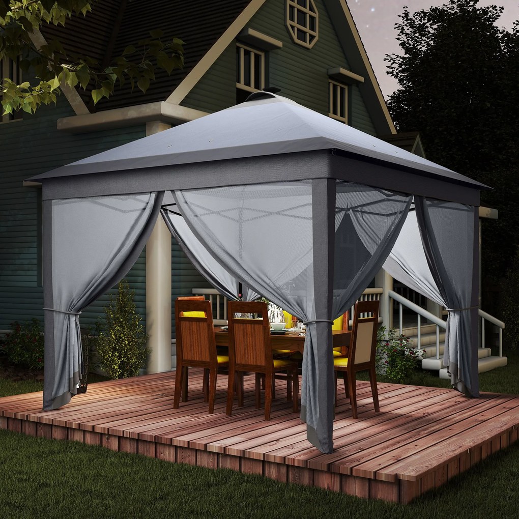 Outsunny 3,3 x 3,3 m Faltpavillon z oświetleniem LED, siatkowymi zasłonami, torbą transportową, Szary