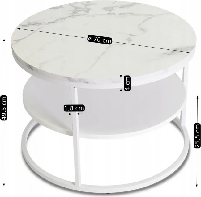 Stolik Kawowy z Półką BEST 70 cm Biały Marmur/Biały Nowoczesny