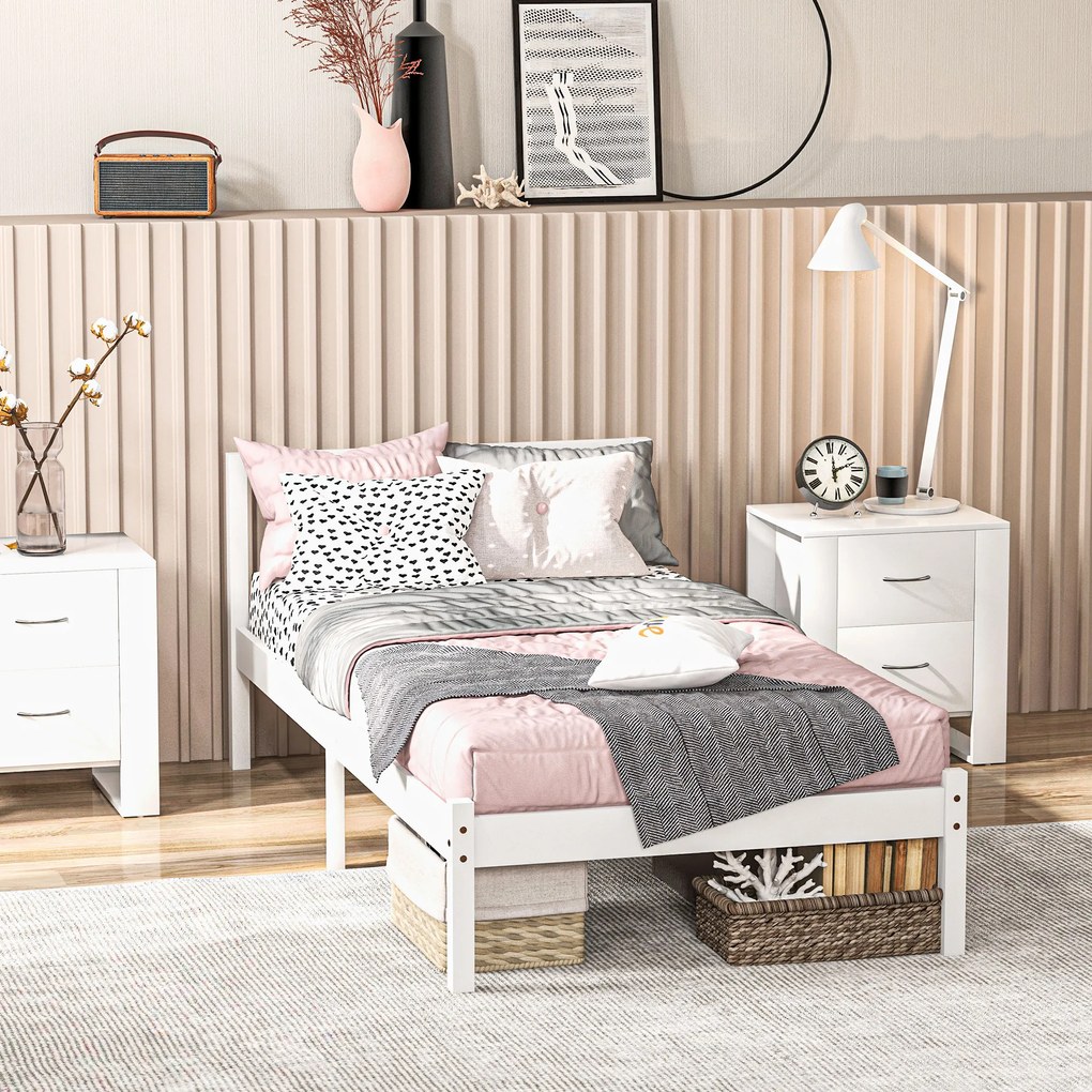 HOMCOM Łóżko Pojedyncze, Główka & Listwa Pozioma, 26cm Przestrzeń Pod Łóżkiem, Drewno Sosnowe, 208x96x70 cm, Białe