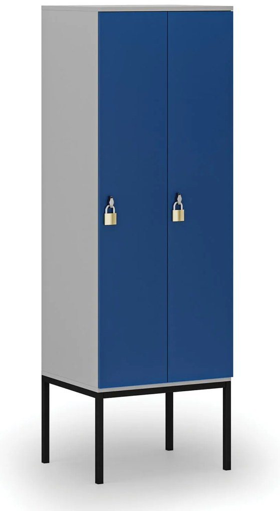 Drewniana szafa ubraniowa S4 z podstawą, 2-drzwiowa, 1871 x 600 x 500 mm, demontaż, zamek obrotowy, szary/niebieski