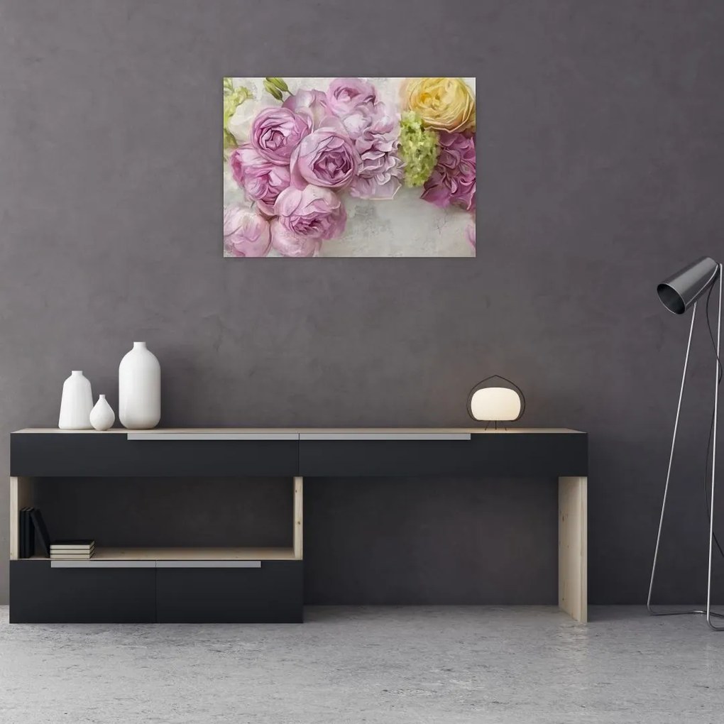 Obraz na szkle - Kwiaty na ścianie w pastelowych kolorach (70x50 cm)