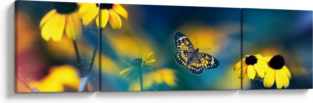 Obraz - Żółty motyl z kwiatami (170x50 cm)