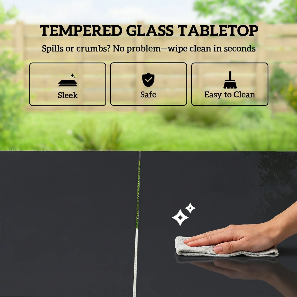 Outsunny Zestaw Mebli Ogrodowych 150 x 80cm Stół Szklany z 6 Oddychającymi Krzesłami Dekoracyjne Podłokietniki Czarny | Aosom PL