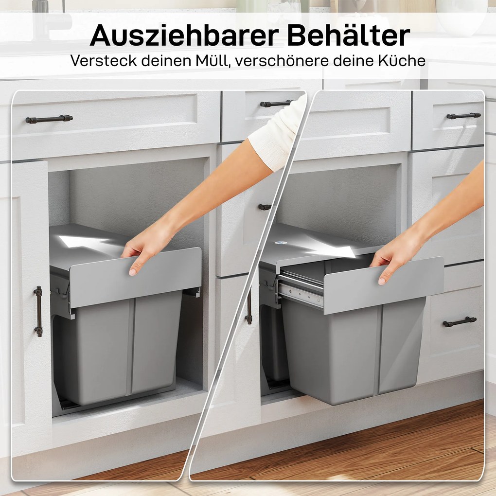 HOMCOM 31 l wysuwany pojemnik na odpady 15 l + 8 l x 2 z wyjmowanymi wiaderkami | Aosom PL