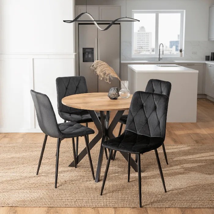 Zestaw Stół Okrągły LAUREN 90 cm Dąb Złoty/Czarny i 4 Krzesła ROBIN Czarne