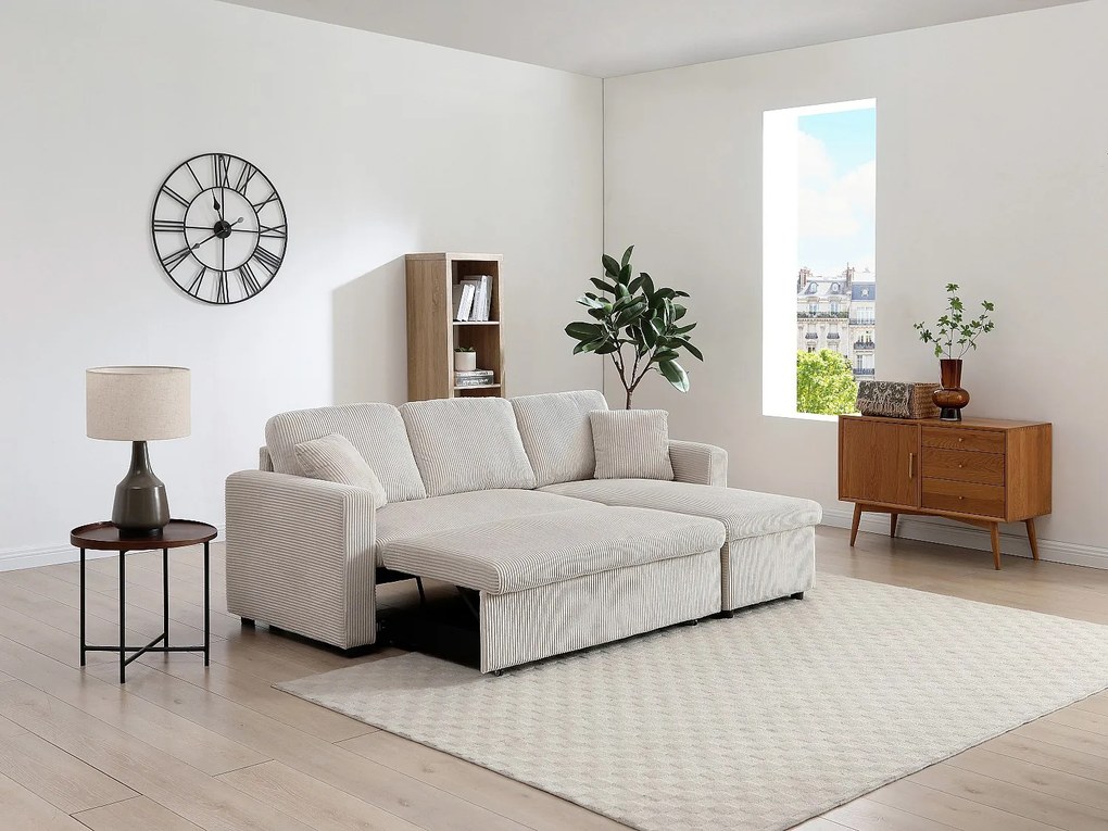 Kanapa narożna rozkładana, dwustronna z beżowego sztruksu GAZUR