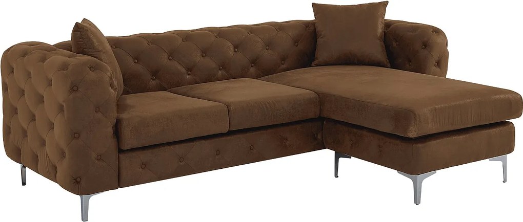 Kanapa narożna odwracalna chesterfield z mikrofibry imitująca brązową postarzaną skórę EDWINA