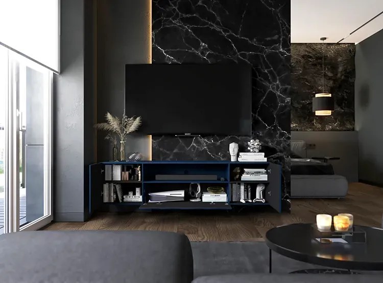 Granatowa ścienna szafka na tv z lamelami E8-B99