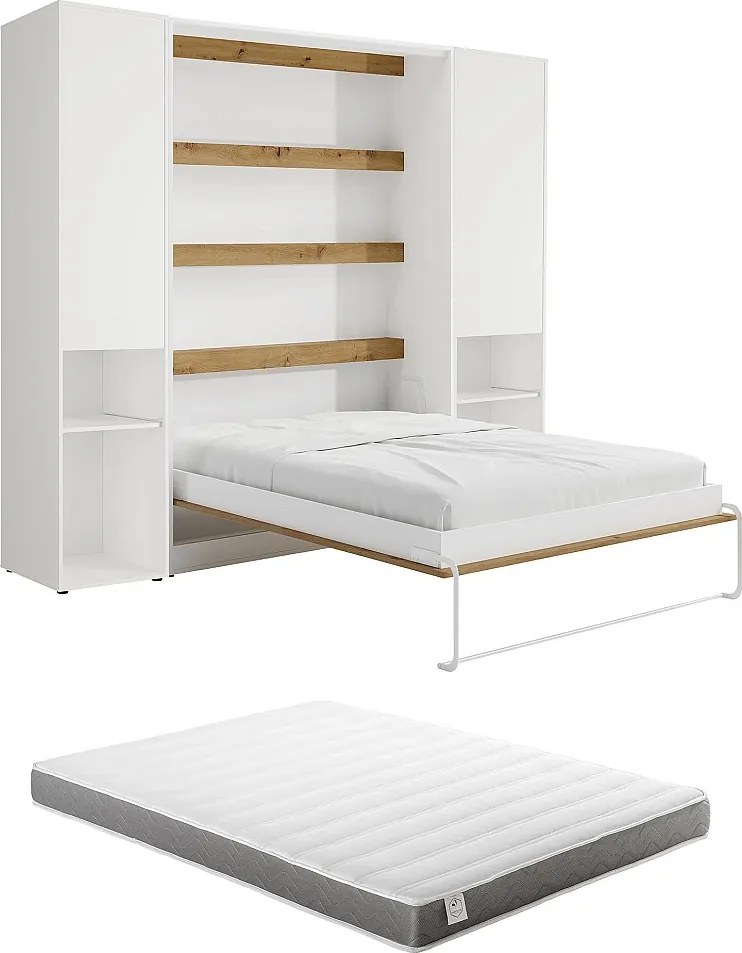 Łóżko chowane w szafie pionowe 140 x 200 cm - 2 kolumny do przechowywania - Z oświetleniem LED - Białe i naturalne + Materac - RAPILI