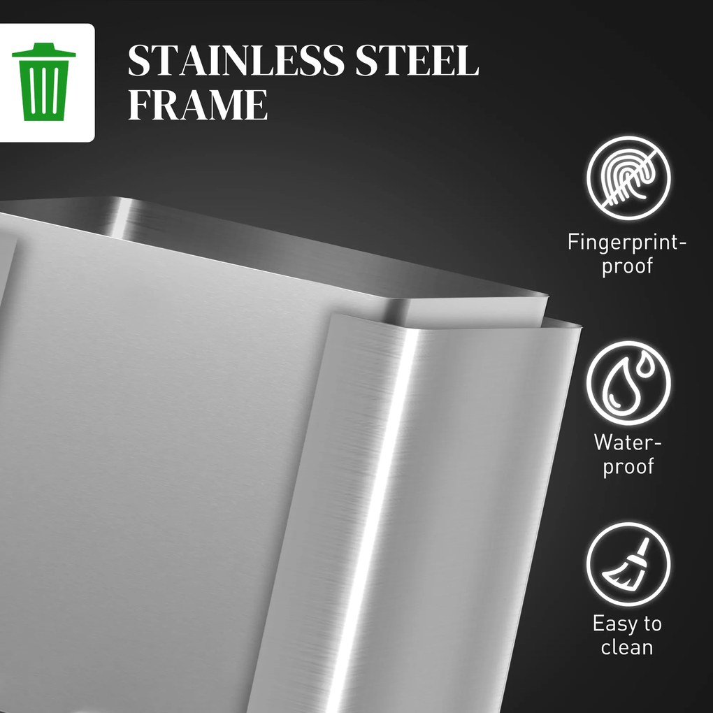 HOMCOM Kosz na śmieci z pokrywą i pedałem, Stal nierdzewna, Komory 2x20 L, Srebrny