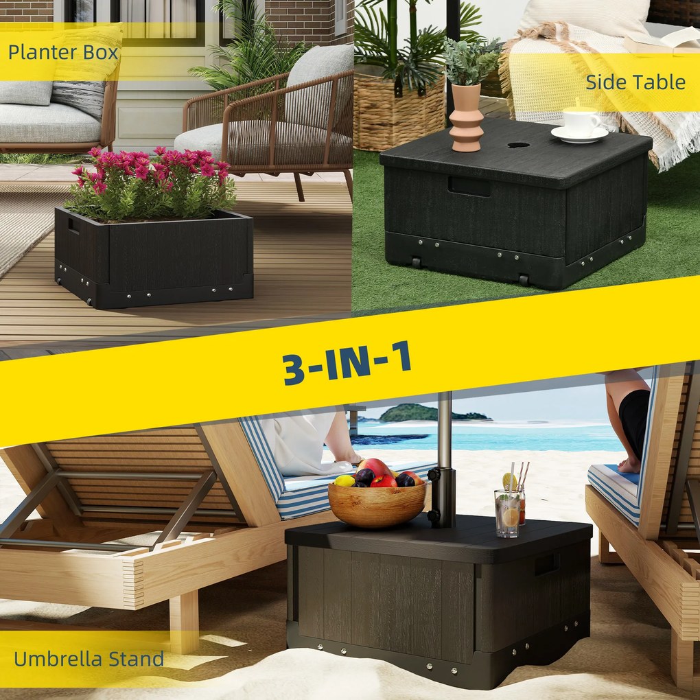 Outsunny Stojak pod parasol 3 w 1, Stolik boczny, Skrzynka na kwiaty, do 80 kg piasku, odporny na warunki pogodowe, Czarny