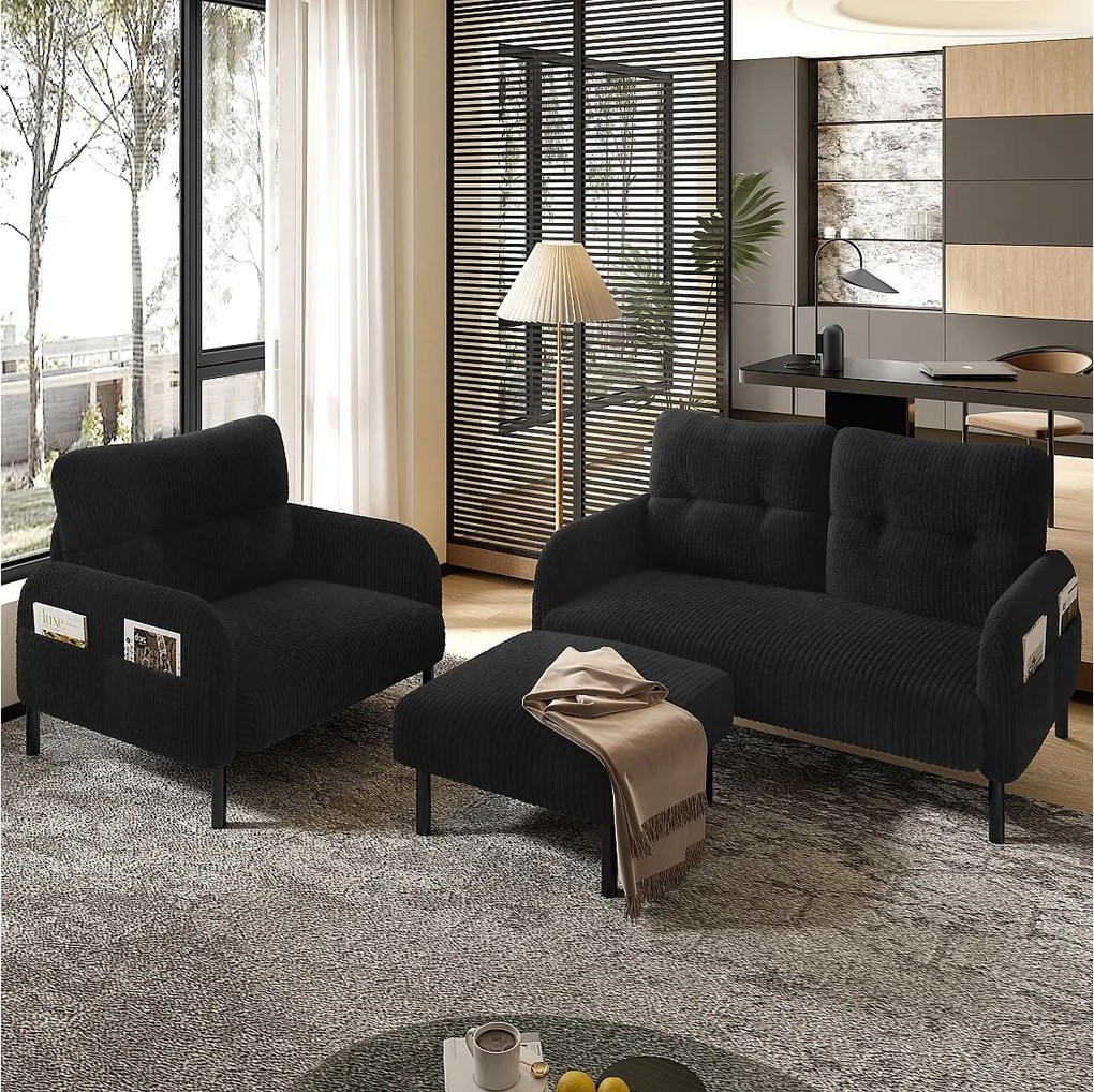 Zestaw wypoczynkowy 3-osobowy - 120 x 75 x 79 cm - z podnóżkiem + sofa 2-osobowa + fotel - Velvet - czarny
