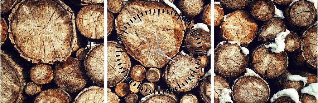 Obraz - Drewno w śniegu (z zegarem) (90x30 cm)