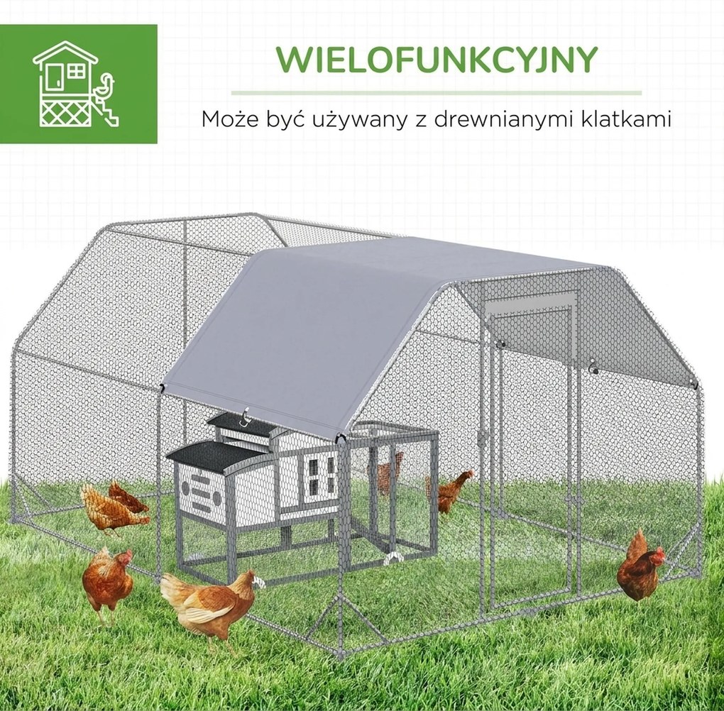 PawHut Kurnik Kurnik Woliera, z możliwością wejścia, zamknięte drzwi, na 10-12 kur, 280 cm x 380 cm x 195 cm, Szary