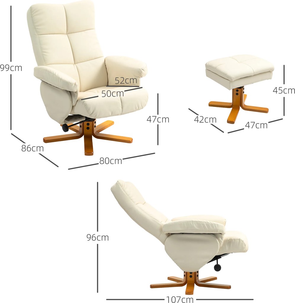 HOMCOM Fotelik relaksacyjny z pufą, oparcie uchylne do 145°, obrotowy o 360°, ekoskóra, kremowy