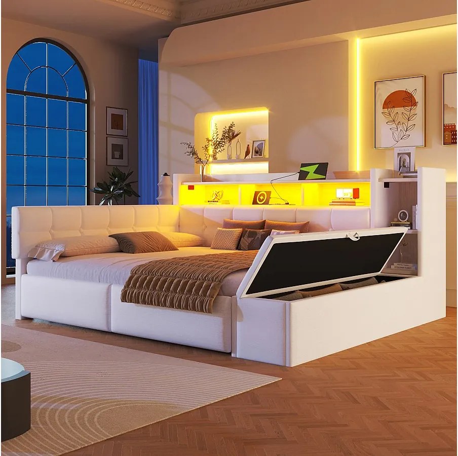 Sofa dziecięca rozkładana - 140 x 190 cm - z 2 szufladami + porty USB i Type-C + półka + ławka ze schowkiem + diody LED - welur - biała