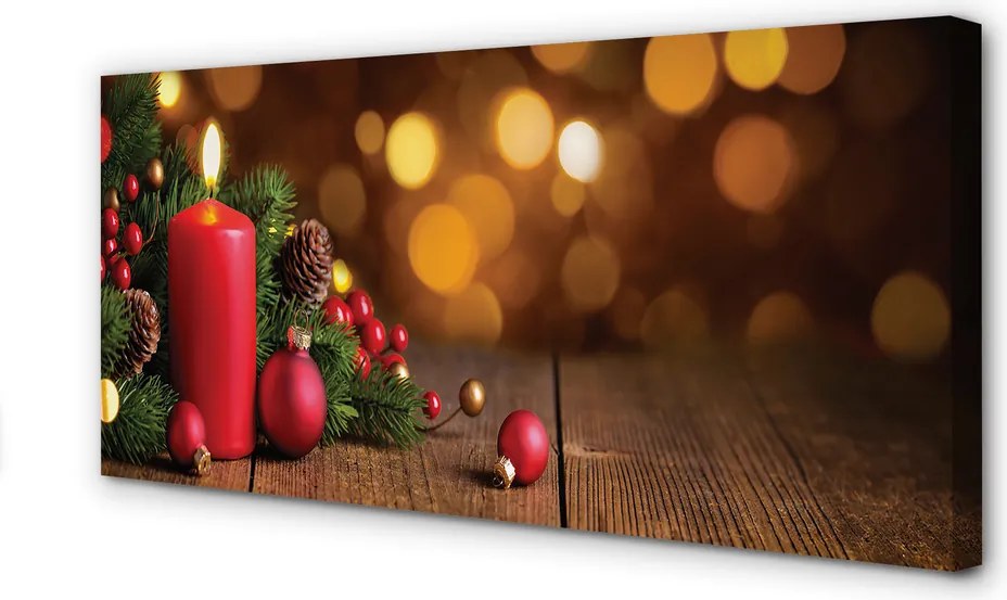 Obraz na płótnie Świeca, Gałązki i Bombki na Desce