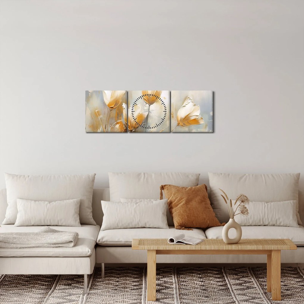 Obraz - Malowanie tulipanów (z zegarem) (90x30 cm)