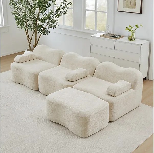 Canapé d'angle modulable en velours, avec pouf et coussin d'accoudoir, 288x167x70cm, Beige