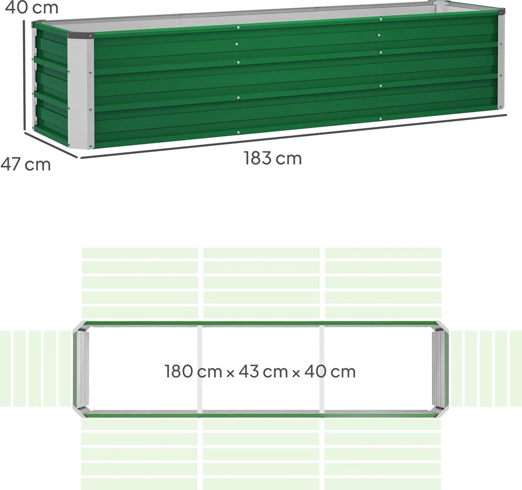 Outsunny Stalowa Donica Ogrodowa z 3 Obszarami Zielona 183x47x40cm Prosty Montaż z Otwartym Dołem | Aosom PL