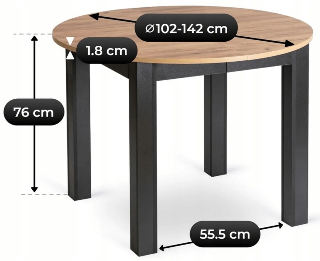 Zestaw Stół Okrągły Rozkładany HARRY 102-142 cm Dąb Craft/Czarny i 4 Krzesła Tapicerowane PERU Szare Welurowe Nowoczesne