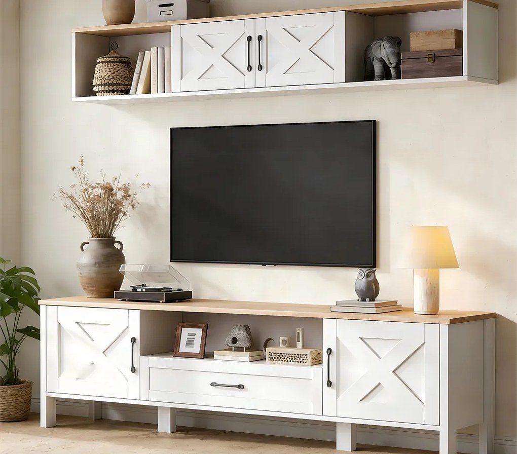 Zestaw mebli TV 2-częściowy - 180x40x50 cm - Meble TV + witryna ścienna - 4 drzwi i 1 szuflada - MDF - Biały