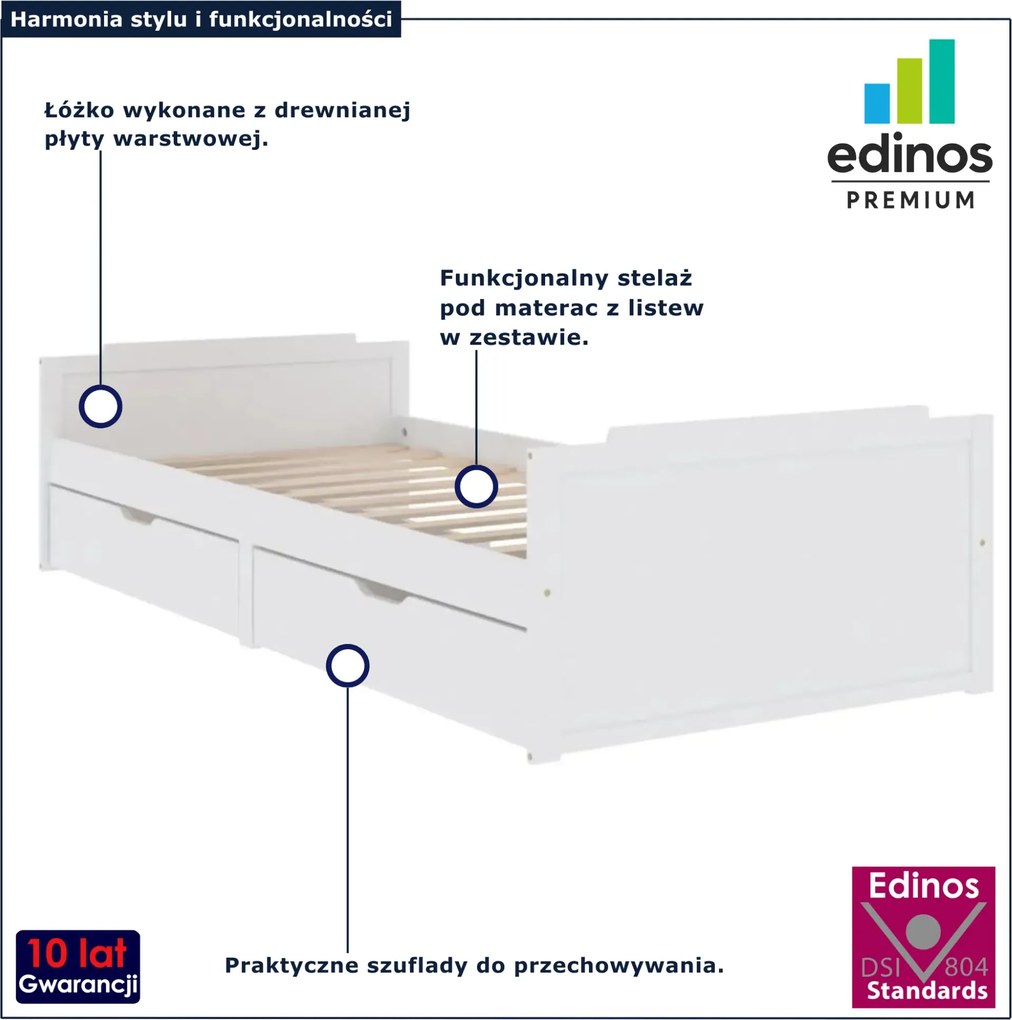 Białe Sosnowe Pojedyncze Łóżko Z Szufladami 90X200 G5-D31