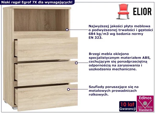 Niski regał z 3 szufladami i półką dąb sonoma - Egrof 7X