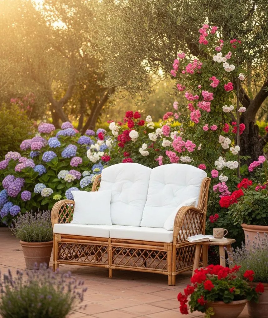 Jasnobrązowa 2-osobowa sofa rattanowa z lnianą tapicerką H3-A65