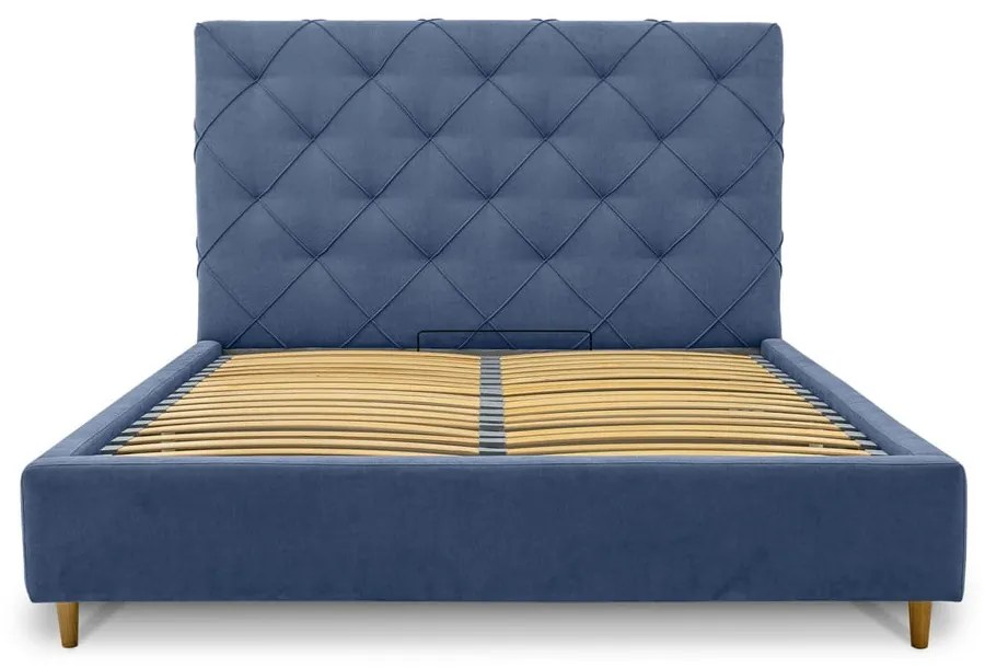 Niebieskie tapicerowane łóżko dwuosobowe ze schowkiem i stelażem 180x200 cm Bee – Scandic