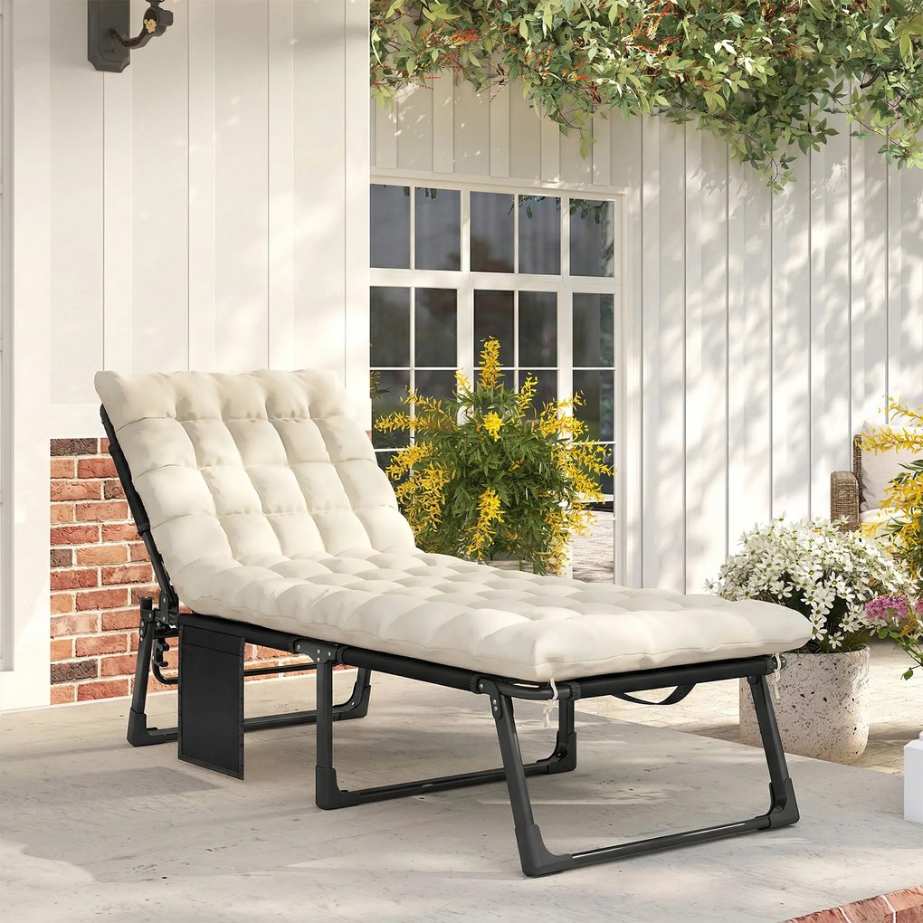 Outsunny Składany leżak szeroki leżak ogrodowy z 5-stopniowo regulowanym oparciem, wyściełanym materacem, poduszką na głowę, kieszenią boczną | Aosom PL
