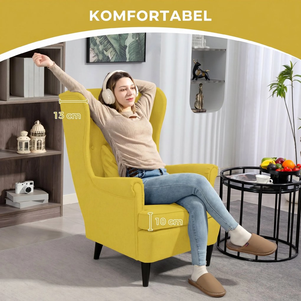 HOMCOM Fotel uszak z podnóżkiem, fotel tapicerowany z nogami z drewna kauczukowego, obicie materiałowe, żółty | Aosom PL