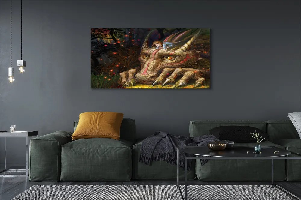 Obraz na płótnie Głowa Smoka i Dziewczynka w Lesie