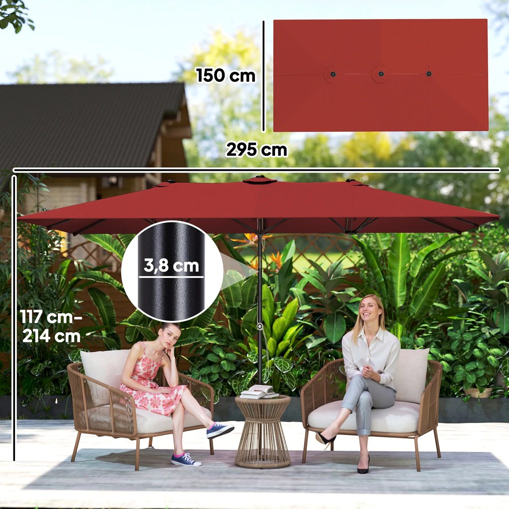 Outsunny Duży parasol przeciwsłoneczny, regulowana wysokość, nachylany, 150x295x170-214 cm, bordowy | Aosom PL